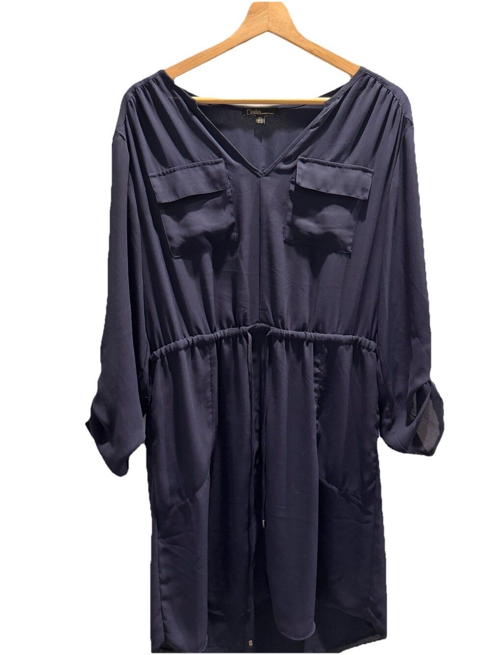 Dalia Navy Blue Shirt Dress V-Neck 3/4 Roll Tab Pullover Knee Length US 8